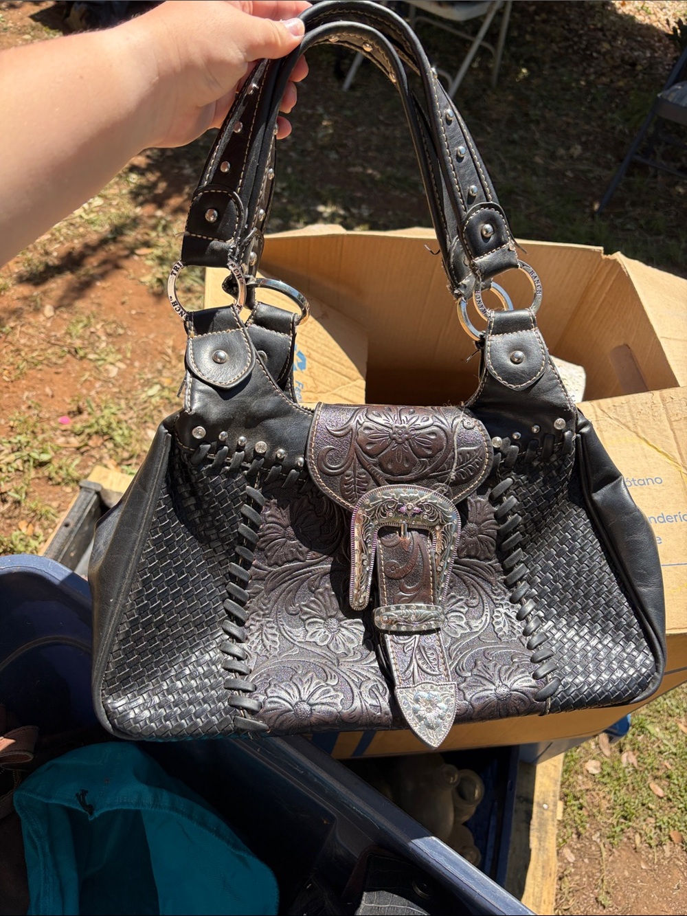 Trinity Ranch Black Embossed Floral Buckle Shoulder Bag with Woven Panels